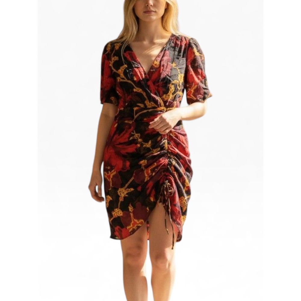 DVF 100% Silk Floral Ruched Wrap Mini Cocktail Dress Bodycon Size 10 Medium